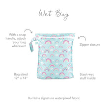 Load image into Gallery viewer, Infographic of Bumkins Wet Bag: Bumkins signature waterproof fabric, zipper closure, snap handle, stash wet stuff inside.