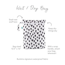Load image into Gallery viewer, Infographic of Bumkins Wet/Dry Bag: Bumkins signature waterproof fabric, stash wet stuff, keep dry things dry, snap handle.