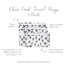 Load image into Gallery viewer, Infographic of Bumkins Clear Travel Bag 3-Pack: Bumkins signature waterproof fabric, clear fronts are TSA-compliant, zipper closures.