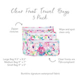 Infographic of Bumkins Clear Travel Bag 3-Pack: Bumkins signature waterproof fabric, clear fronts are TSA-compliant, zipper closures.