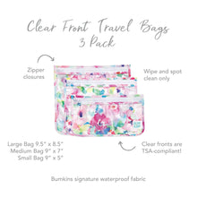 Load image into Gallery viewer, Infographic of Bumkins Clear Travel Bag 3-Pack: Bumkins signature waterproof fabric, clear fronts are TSA-compliant, zipper closures.