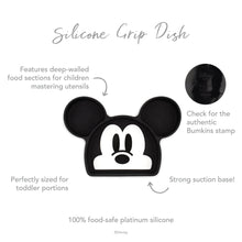 Load image into Gallery viewer, Infographic of Bumkins Silicone Grip Dish: 100% food-safe platinum silicone, strong suction base, deep-walled food sections, easy to clean.