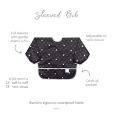 Load image into Gallery viewer, Infographic of Bumkins Sleeved Bib: Bumkins signature waterproof fabric, catch-all pocket, adjustable tie neck closure, 6-24 months.