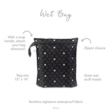 Load image into Gallery viewer, Infographic of Bumkins Wet Bag: Bumkins signature waterproof fabric, zipper closure, snap handle, stash wet stuff inside.