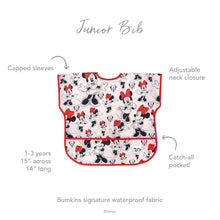 Load image into Gallery viewer, Infographic of Bumkins Junior Bib: Bumkins signature waterproof fabric, capped sleeves, adjustable neck closure, catch-all pocket, 1-3 years.