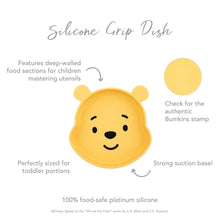 Load image into Gallery viewer, Infographic of Bumkins Silicone Grip Dish: 100% food-safe platinum silicone, strong suction base, deep-walled food sections, easy to clean.