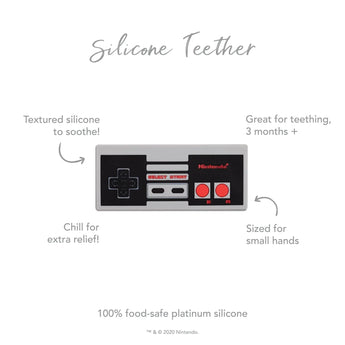 Infographic of Bumkins Silicone Teether: 100% food-safe platinum silicone, textured silicone to soothe, sized for small hands, 3 months+.