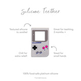 Infographic of Bumkins Silicone Teether: 100% food-safe platinum silicone, textured silicone to soothe, sized for small hands, 3 months+.