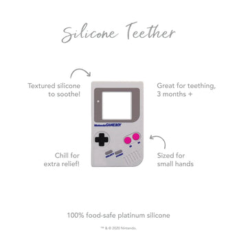 Infographic of Bumkins Silicone Teether: 100% food-safe platinum silicone, textured silicone to soothe, sized for small hands, 3 months+.