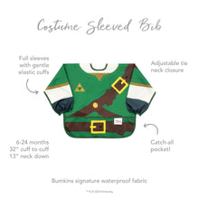 Load image into Gallery viewer, Infographic of Bumkins Sleeved Bib: Bumkins signature waterproof fabric, catch-all pocket, adjustable tie neck closure, 6-24 months.