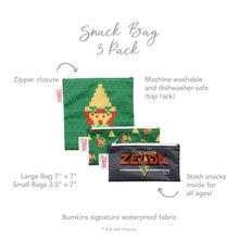 Load image into Gallery viewer, Infographic of Bumkins Reusable Snack Bag, 3-Pack: Bumkins signature waterproof fabric, zipper closure, machine washable and dishwasher-safe.