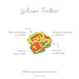 Infographic of Bumkins Silicone Teether: 100% food-safe platinum silicone, textured silicone to soothe, sized for small hands, 3 months+.