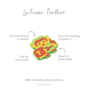Infographic of Bumkins Silicone Teether: 100% food-safe platinum silicone, textured silicone to soothe, sized for small hands, 3 months+.