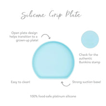 Load image into Gallery viewer, Infographic of Bumkins Silicone Grip Plate: 100% food-safe platinum silicone, strong suction base, open plate design, easy to clean.