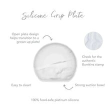 Load image into Gallery viewer, Infographic of Bumkins Silicone Grip Plate: 100% food-safe platinum silicone, strong suction base, open plate design, easy to clean.