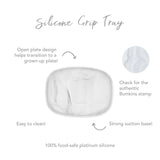 Infographic of Bumkins Silicone Grip Tray: 100% food-safe platinum silicone, strong suction base, open plate design, easy to clean.