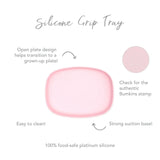 Infographic of Bumkins Silicone Grip Tray: 100% food-safe platinum silicone, strong suction base, open plate design, easy to clean.