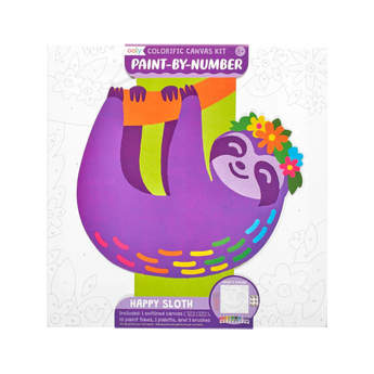 OOLYs Paint by Number, Happy Sloth: A colorful sloth with flowers and branch, includes paint brushes.