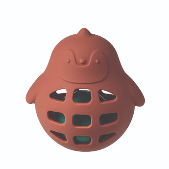 Mary Meyers Roly Rattle, Simply Silicone Penguin is a food-safe brown teething toy with grid openings and a dark green ball inside.