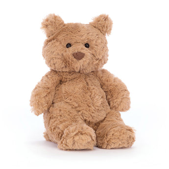 Jellycat Bartholomew Bear Tiny: a plush brown teddy, black eyes, brown nose—your perfect bedtime buddy.