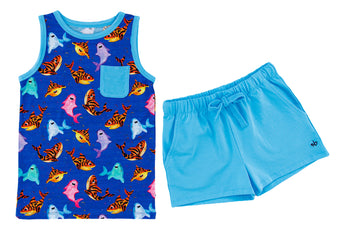 Birdie Bean Bruce Tank Set: blue tank with fish & shark print, light blue shorts—soft & perfect summer outfit for baby.