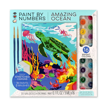Paint By Numbers, Amazing Ocean: blue & white box with colorful ocean-themed illustration & 2 brushes, paints visible inside. 16 bright colors.