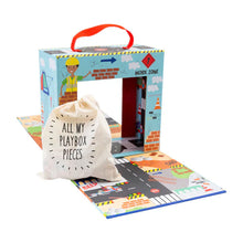 Load image into Gallery viewer, Floss and Rocks Play Box with Wooden Pieces: Construction theme comes with a road mat and bag labeled All My Playbox Pieces.