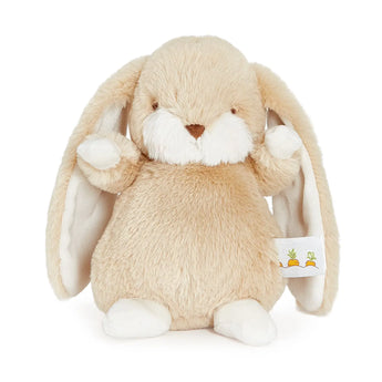 Bunnies By the Bay Nibble Bunny, Almond Joy: a plush beige bunny with floppy ears, white paws & carrot embroidery on its ear.