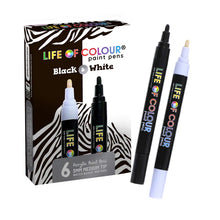 Load image into Gallery viewer, Life of Colour Acrylic Paint Pens, Black & White 3mm, non-toxic, medium-tip in zebra-striped packaging.