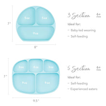 Load image into Gallery viewer, Size chart comparing Bumkins Silicone Grip Dish 3 Section versus 5 Section with dimensions and compartment sizes.