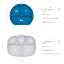 Load image into Gallery viewer, Size chart comparing Bumkins Silicone Grip Dish 3 Section versus 5 Section with dimensions and compartment sizes.