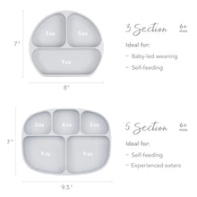 Load image into Gallery viewer, Size chart comparing Bumkins Silicone Grip Dish 3 Section versus 5 Section with dimensions and compartment sizes.