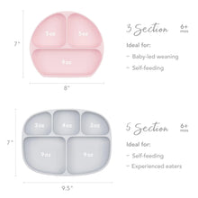 Load image into Gallery viewer, Size chart comparing Bumkins Silicone Grip Dish 3 Section versus 5 Section with dimensions and compartment sizes.