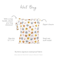 Load image into Gallery viewer, Infographic of Bumkins Wet Bag: Bumkins signature waterproof fabric, zipper closure, snap handle, stash wet stuff inside.