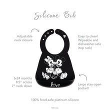 Load image into Gallery viewer, Infographic of Bumkins Silicone Bib: 100% food-safe platinum silicone, adjustable neck closure, easy to clean, large stay-open pocket.