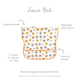 Infographic of Bumkins Junior Bib: Bumkins signature waterproof fabric, capped sleeves, adjustable neck closure, catch-all pocket, 1-3 years.