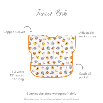 Infographic of Bumkins Junior Bib: Bumkins signature waterproof fabric, capped sleeves, adjustable neck closure, catch-all pocket, 1-3 years.