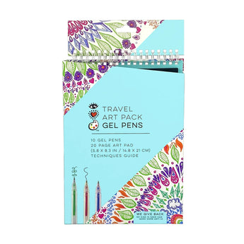 Travel Art Pack Gel Pens: blue spiral bound book with colorful details, text "Travel Art Pack Gel Pens: 10 Gel Pens, 20 Page Art Pad."