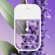 Load image into Gallery viewer, Hydrating Hand Sanitizer: clear sanitizer bottle with white cap & text "touchland Power Mist Hydrating hand sanitizer" on lavender.