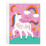 Birthday Card, Magical Unicorn: card with unicorn, rainbow, and flower illustrations with text "Have a Magical Birthday," and white envelope.