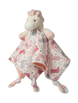 Mary Meyer Giddy Up Pony Blanket: double-layered plush, pink/gray, knotted corners—perfectly soft comfort for babies or toddlers.