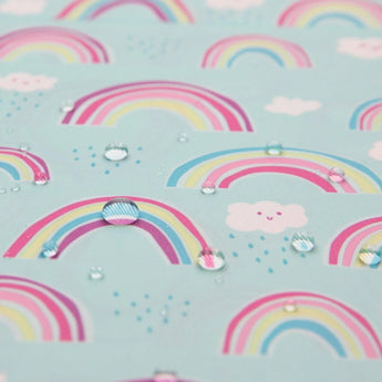 Close-up of water droplets on Bumkins Splat Mat: Rainbows.
