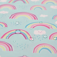 Load image into Gallery viewer, Close-up of water droplets on Bumkins Splat Mat: Rainbows.