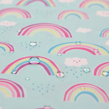 Load image into Gallery viewer, Close-up of water droplets on Bumkins Sleeved Bib: Rainbows.