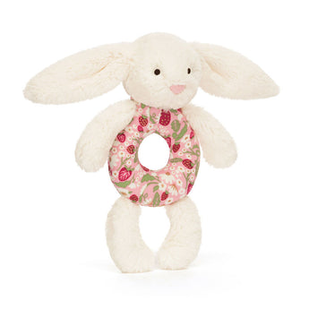 Jellycat Blossom Cream Bunny 'Berry' Ring Rattle: a soft plush with floppy ears and pink floral body, perfect for babies.