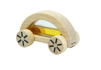 The PlanToys Wautomobile, Yellow is a sustainable wooden car with a clear yellow window and star-patterned wheels for color recognition fun.