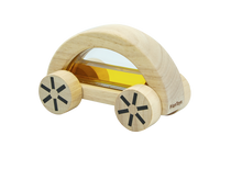 Load image into Gallery viewer, The PlanToys Wautomobile, Yellow is a sustainable wooden car with a clear yellow window and star-patterned wheels for color recognition fun.