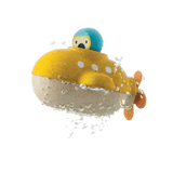 Wooden Submarine Bath Toy by PlanToys: Yellow with a blue dome, orange propeller, and water droplets on a white backdrop.