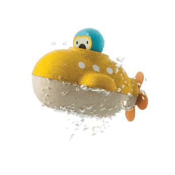 Wooden Submarine Bath Toy by PlanToys: Yellow with a blue dome, orange propeller, and water droplets on a white backdrop.
