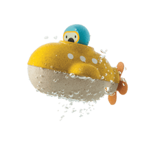 Load image into Gallery viewer, Wooden Submarine Bath Toy by PlanToys: Yellow with a blue dome, orange propeller, and water droplets on a white backdrop.